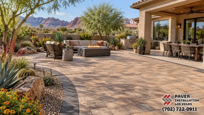 Paver Installation in Spring Valley, NV: Broad paver terrace with seating and desert planting