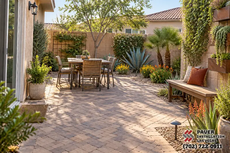 Backyard Paver Installation in Las Vegas, NV: Paver dining patio beside a house