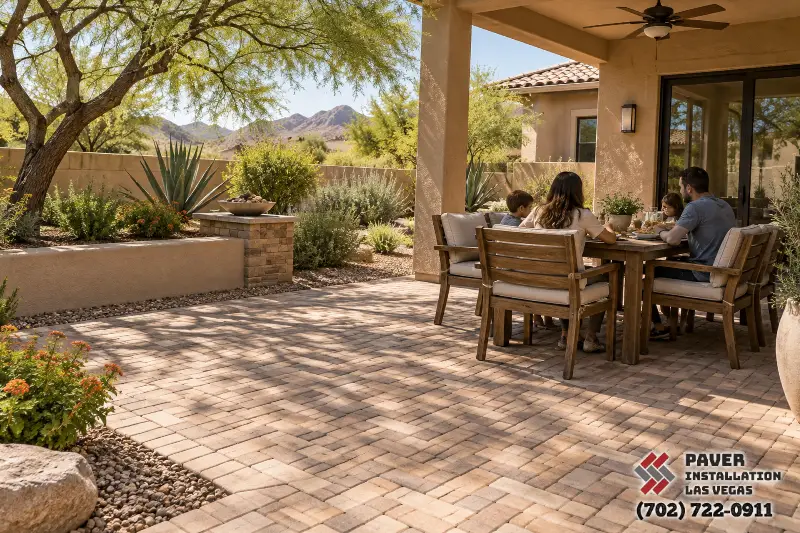 Paver Installation in Kyle Canyon, NV: Paver dining area beneath a covered patio
