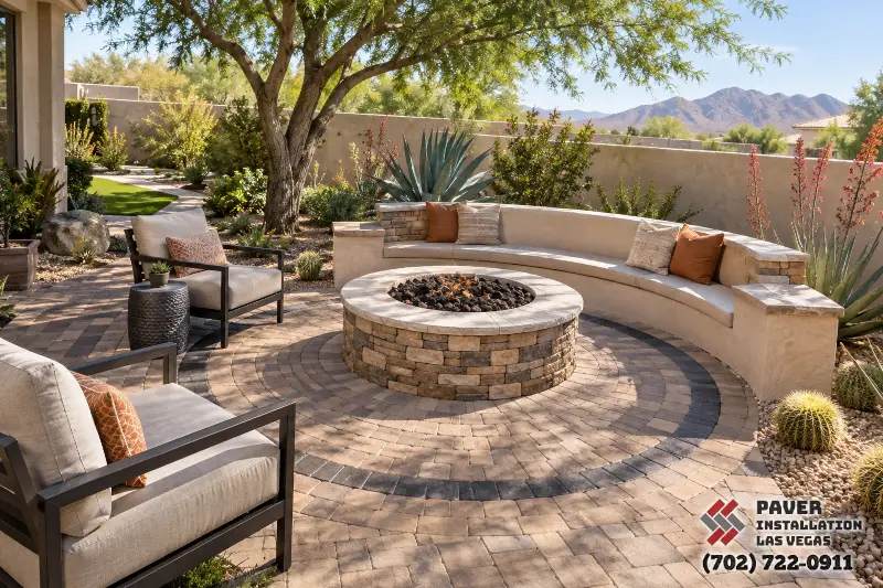 Paver Installation in Lake Las Vegas, NV: Curved paved seating area around a fire pit