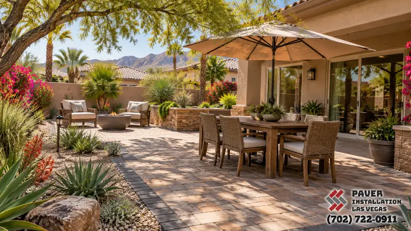 Paver Installation in Lone Mountain, NV: Paver patio connecting a pergola and outdoor kitchen