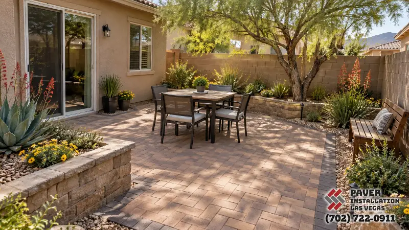 Paver Installation in North Las Vegas, NV: Paver dining terrace beside raised planters