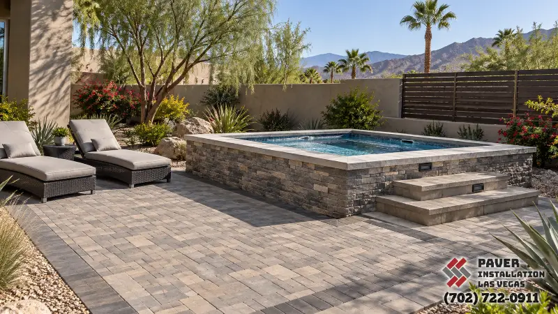 Paver Installation in Pahrump, NV: Paver patio beside a raised rectangular spa