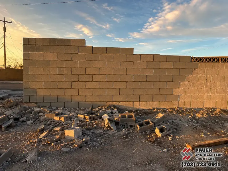 Block Wall Repair in Las Vegas, NV: Partially rebuilt concrete block wall with stepped unfinished courses and rubble below