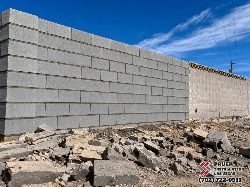 Block Wall Repair in Las Vegas, NV: New gray block wall section beside older masonry with demolition rubble in front