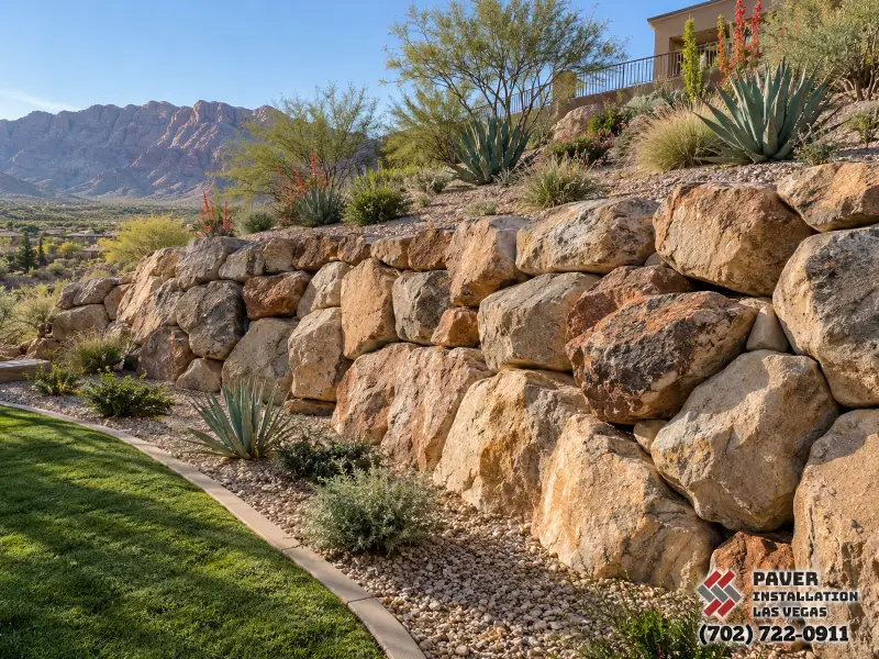 Boulder Retaining Wall Installation in Las Vegas, NV: Boulder retaining wall beside a lawn