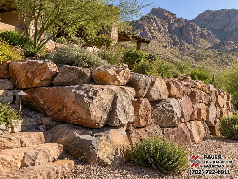 Boulder Retaining Wall Installation in Las Vegas, NV: Large stacked boulders beneath a planted slope