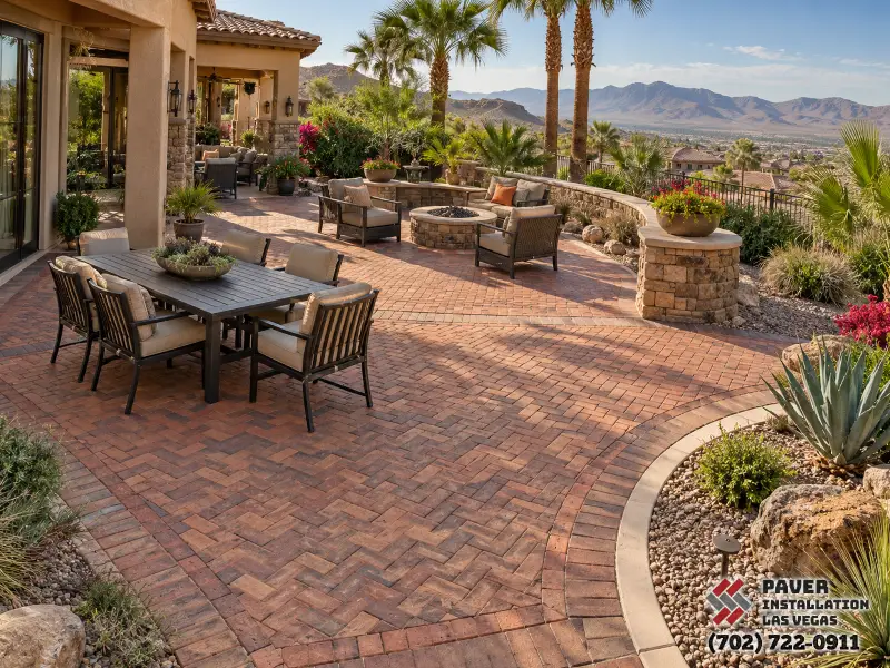 Brick Paver Installation in Las Vegas, NV: Red brick-format patio with a dining table