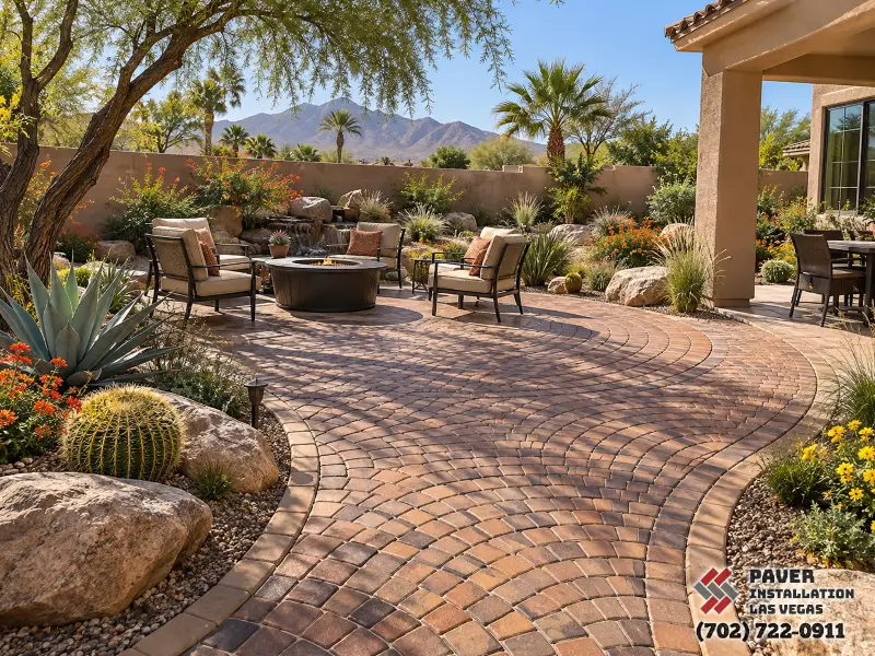 Brick Paver Installation in Las Vegas, NV: Curving brick-format patio through planted borders