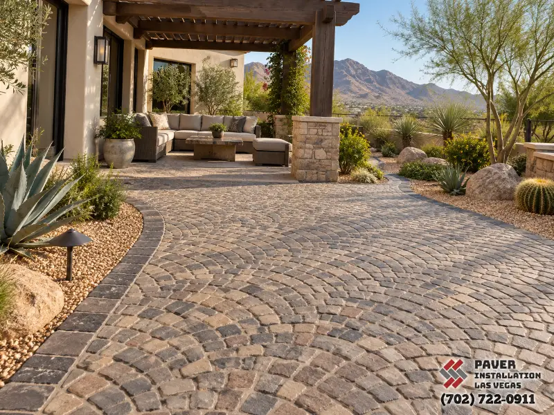 Cobblestone Paver Installation in Las Vegas, NV: Cobblestone-style paving beneath a covered seating area