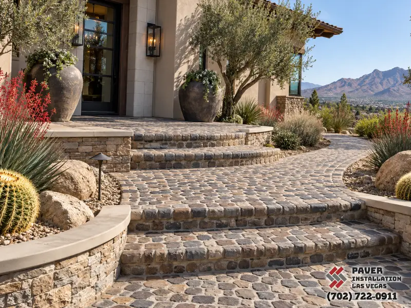 Cobblestone Paver Installation in Las Vegas, NV: Cobblestone-style entrance steps