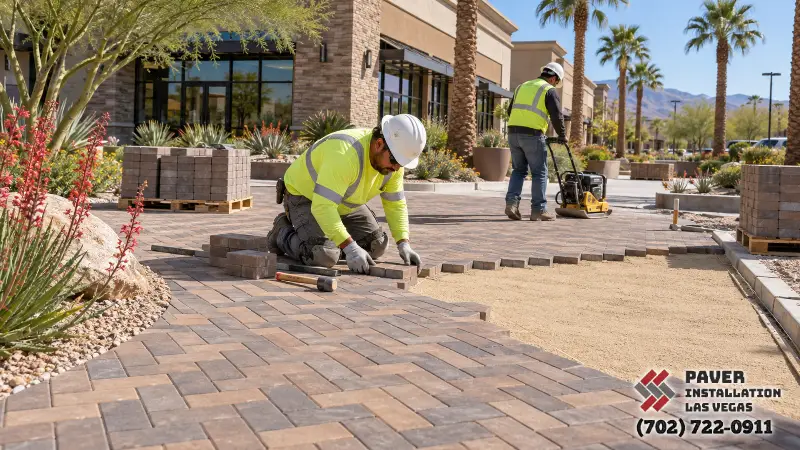 Commercial Paver Installation in Las Vegas, NV: Workers installing pavers outside a commercial building