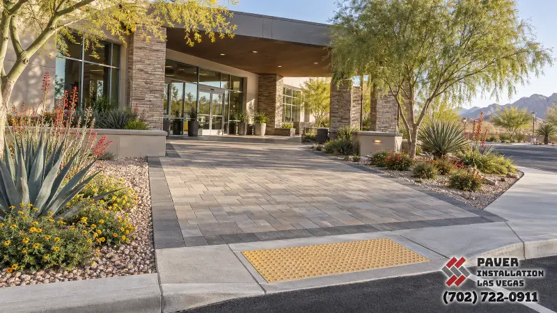 Commercial Paver Installation in Las Vegas, NV: Commercial entrance paving with a yellow tactile strip