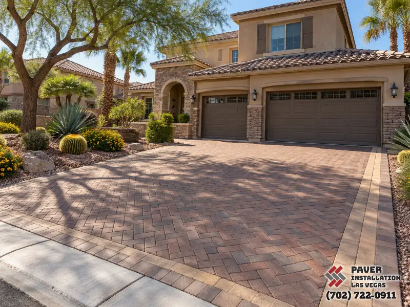 Driveway Paver Installation in Las Vegas, NV: Paver driveway in front of a three-door garage