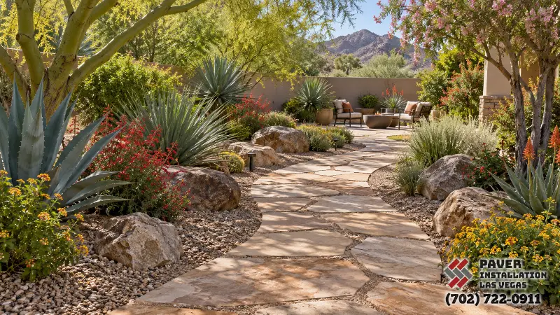Flagstone Patio Installation in Las Vegas, NV: Flagstone garden walkway between planted beds