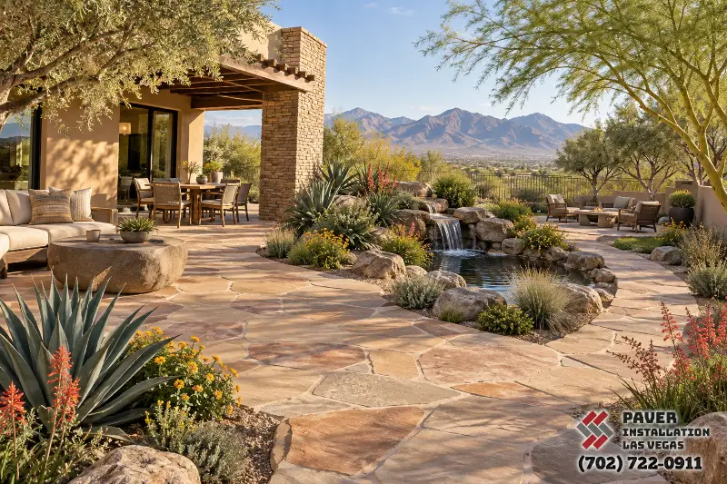 Flagstone Paving in Las Vegas, NV: Broad flagstone patio beside a house