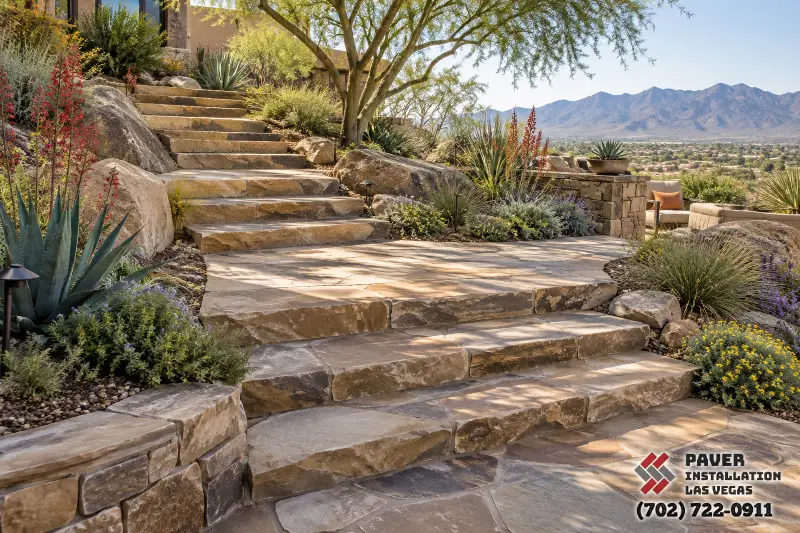 Flagstone Paving in Las Vegas, NV: Flagstone steps on a planted garden slope