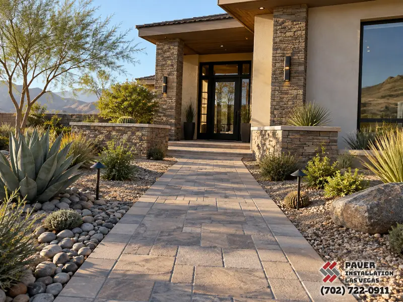 Paver Installation in Summerlin, NV: Paver entrance path between rock planting beds