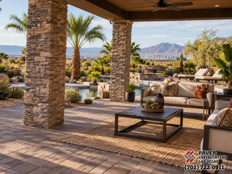 Paver Installation in Sunrise Manor, NV: Paved seating terrace with stone-clad columns