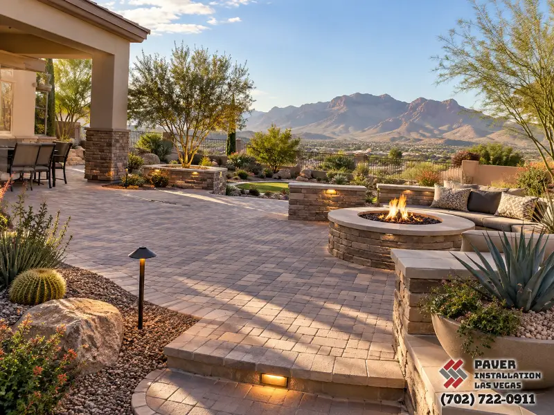 Paver Patio Installation in Las Vegas, NV: Outdoor seating area with paving and a fire feature