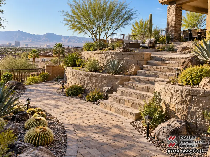 Paver Patio Installation in Las Vegas, NV: Terraced garden stairs with masonry walls