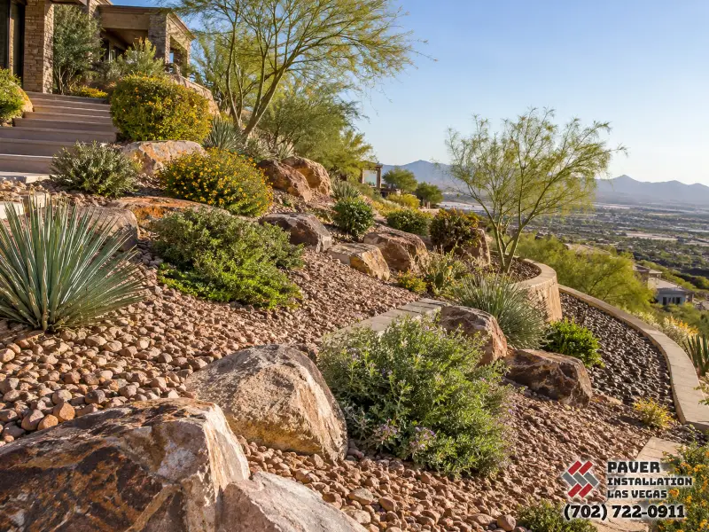 Landscape Rock Installation in Las Vegas, NV: Gravel mulch and boulders on a planted slope