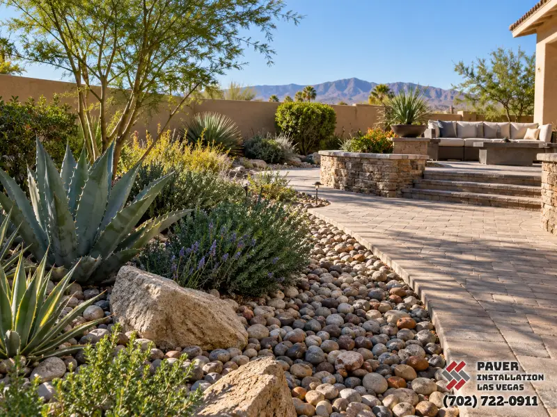 Landscape Rock Installation in Las Vegas, NV: Decorative rock beside a curving paved path