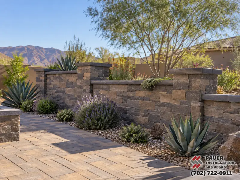 Decorative Wall Installation in Las Vegas, NV: Masonry garden walls beside a gated path