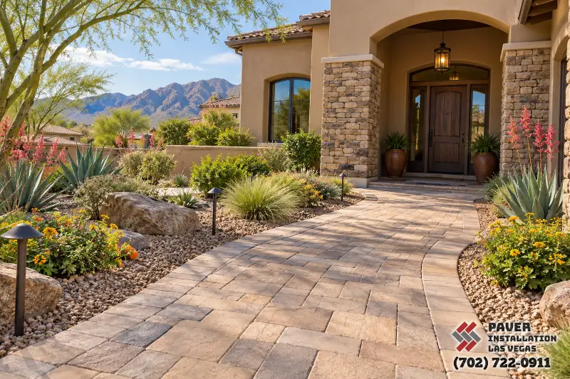 Paver Entryway in Las Vegas, NV: Paver entrance walk between planted beds