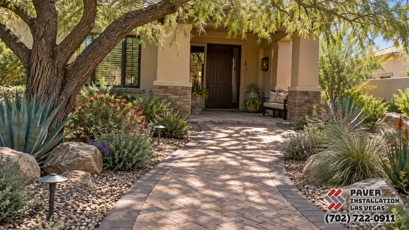 Paver Entryway in Las Vegas, NV: Shaded paver approach to front doors