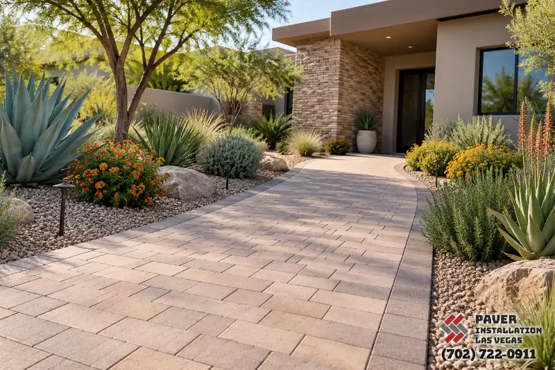 Paver installation in Las Vegas: Paver walkway beside a curved planter wall