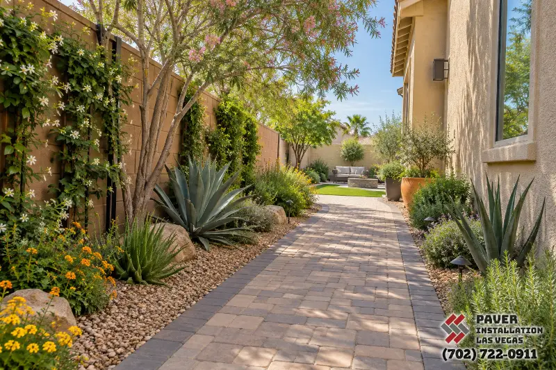 Paver installation in Las Vegas: Narrow paver walkway alongside a house