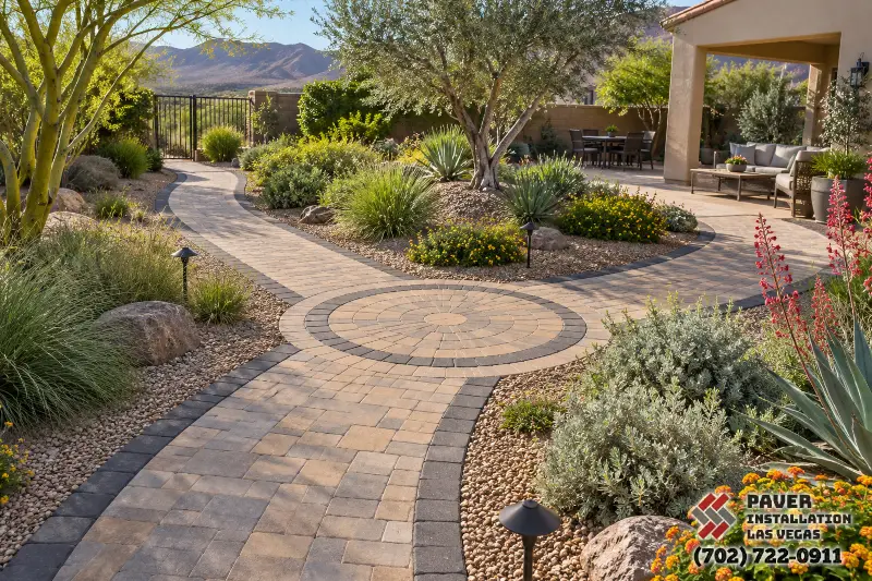 Paver installation in Las Vegas: Curving paver path with a circular design feature