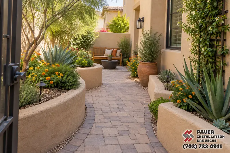 Paver Installation in Las Vegas, NV: Paver walkway between raised courtyard planters