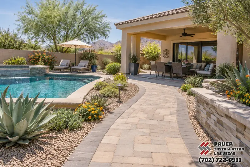 Paver Installation in Boulder City, NV: Poolside paver walkway beside a covered patio