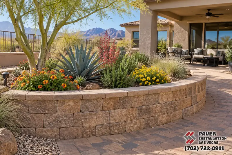 Planter Wall Construction in Las Vegas, NV: Curved raised planter beside a paver patio