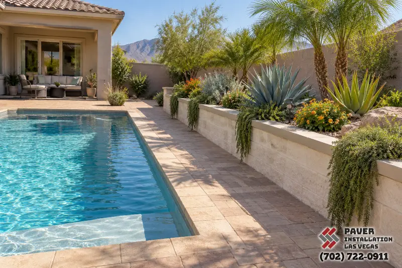 Planter Wall Construction in Las Vegas, NV: Raised planting wall along a swimming pool