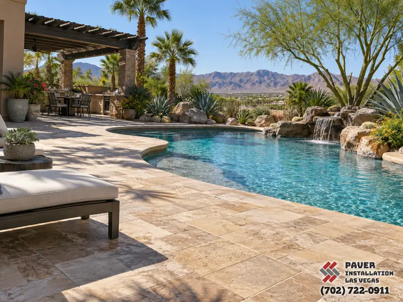 Pool Deck Paver Installation in Las Vegas, NV: Pale pool-deck pavers beside lounge chairs