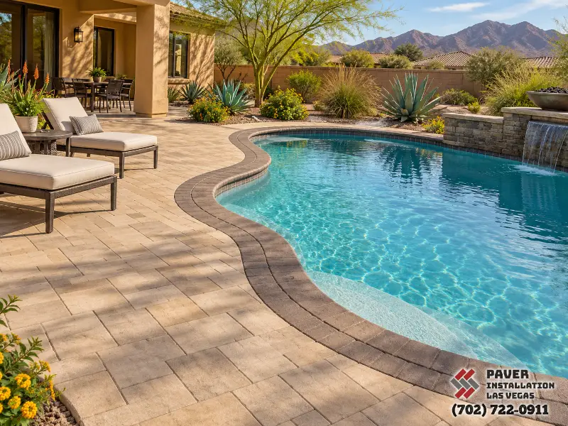 Pool Deck Paver Installation in Las Vegas, NV: Pavers around a curving swimming pool