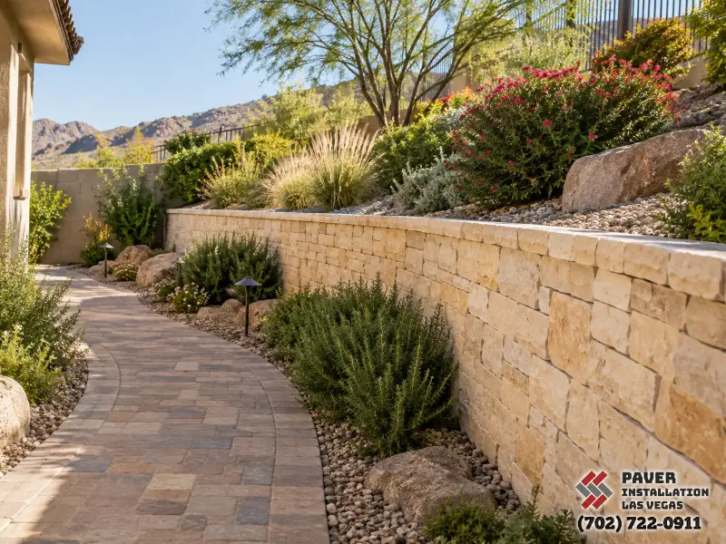 Concrete Block Retaining Wall Installation in Las Vegas, NV: Long retaining wall beneath a planted slope