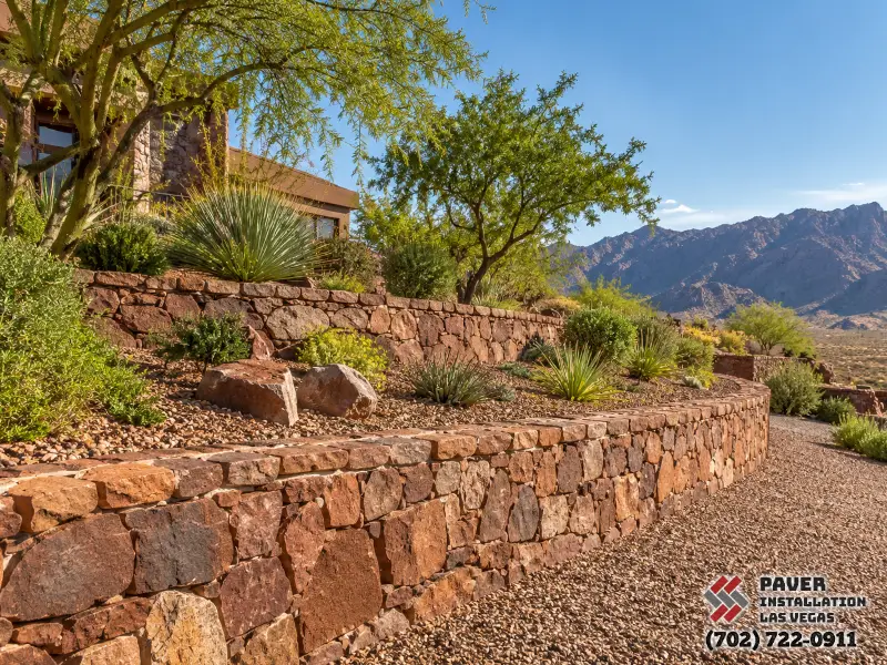 Retaining Wall Contractor in Las Vegas, NV: Rust-toned retaining wall beside a garden path