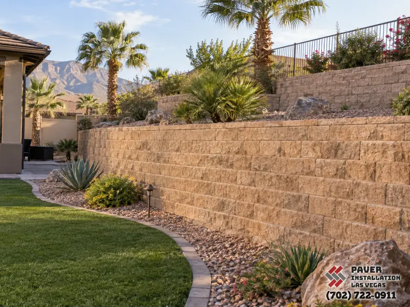 Stone Retaining Wall Installation in Las Vegas, NV: Retaining wall between lawn and raised planting
