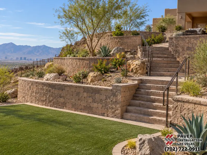 Retaining Wall Steps Installation in Las Vegas, NV: Retaining walls and steps above a lawn