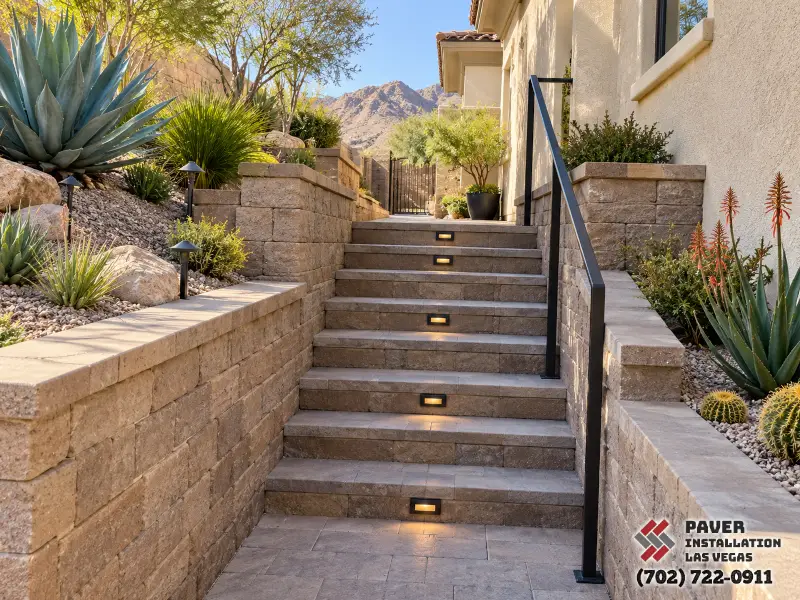 Retaining Wall Steps Installation in Las Vegas, NV: Narrow outdoor stairs with wall-mounted lights
