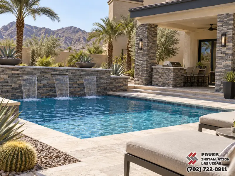 Stone Veneer Installation in Las Vegas, NV: Stone-faced feature wall behind a swimming pool
