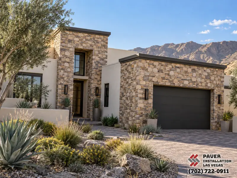 Stone Veneer Installation in Las Vegas, NV: Stone-clad home facade and garage surround